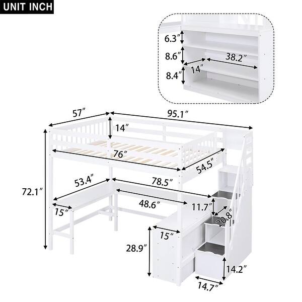 dimension image slide 1 of 2, Full Size Loft Bed with Built-in L-Shaped Desk, Storage Shelves, and Storage Staircase