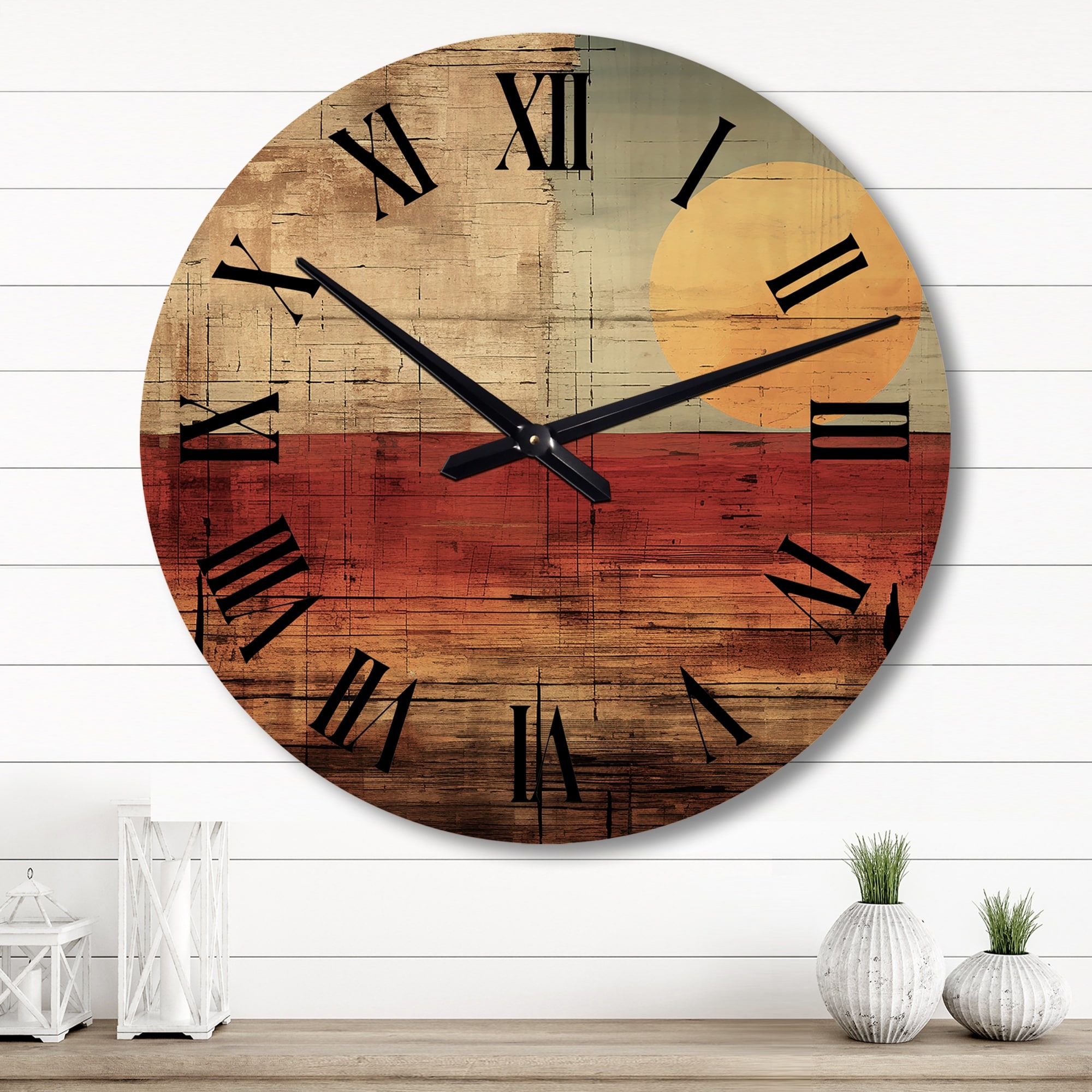 Designart "Nostalgia Sunset Full Moon Rising" Modern Geometric Oversized Wood Wall Clock
