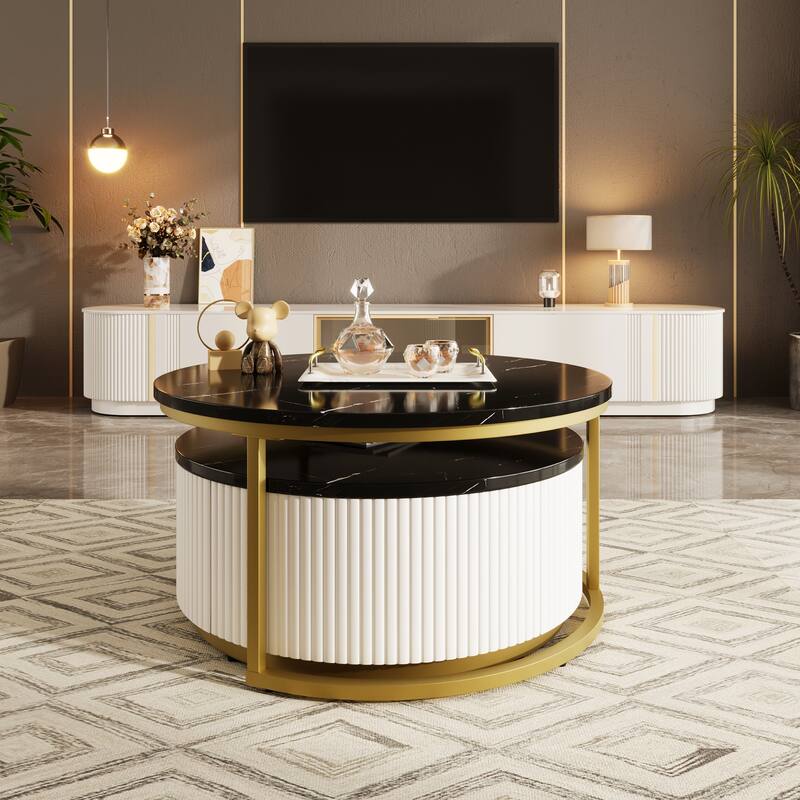 Modern Round Nesting Coffee Table Fluted with Drawer