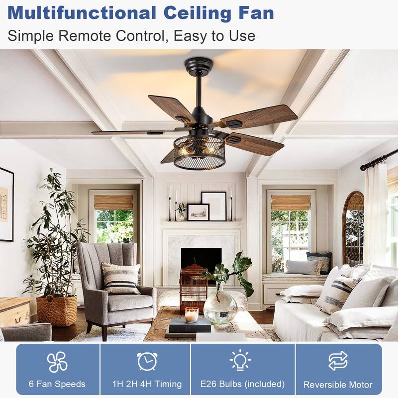 42-52Inch Caged Ceiling Fans with Lights: Dual Finish 5 Blades - Rustic with Remote Control (E26 Bulb Included)