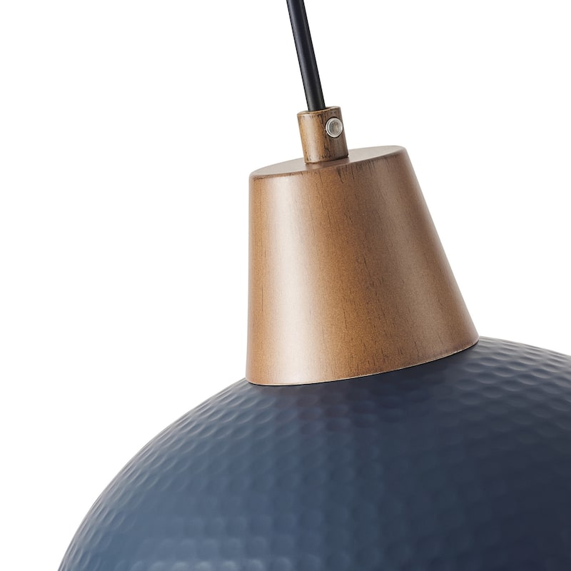 Industrial Farmhouse Pendant Light Fixture with Metal Shade and Faux Wood Grain Design