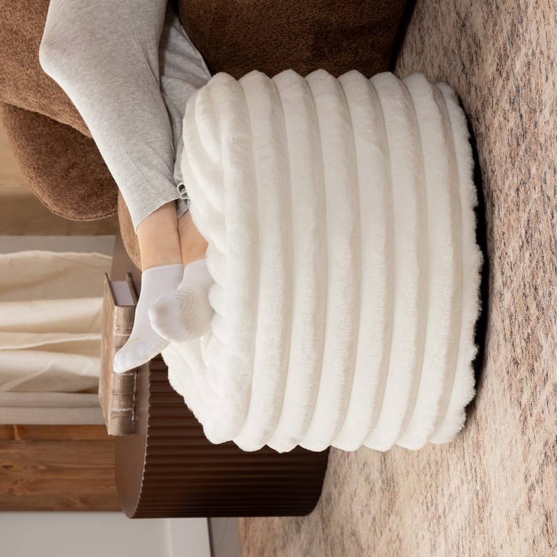Plush Faux Fur Ribbed Pouf Ottoman - 22" - Cream