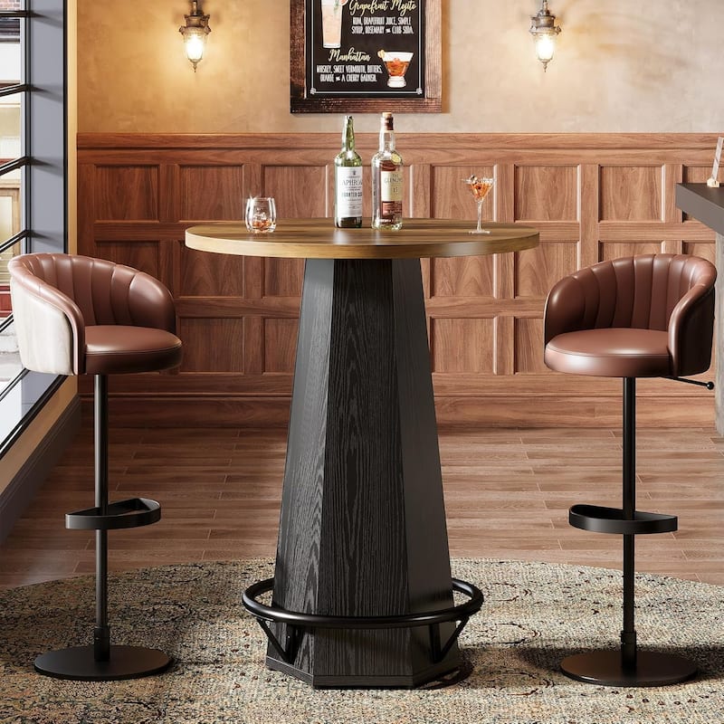 39.4" H Round Bar Pub Table with Metal Footrest for home bar - 	Brown & Black