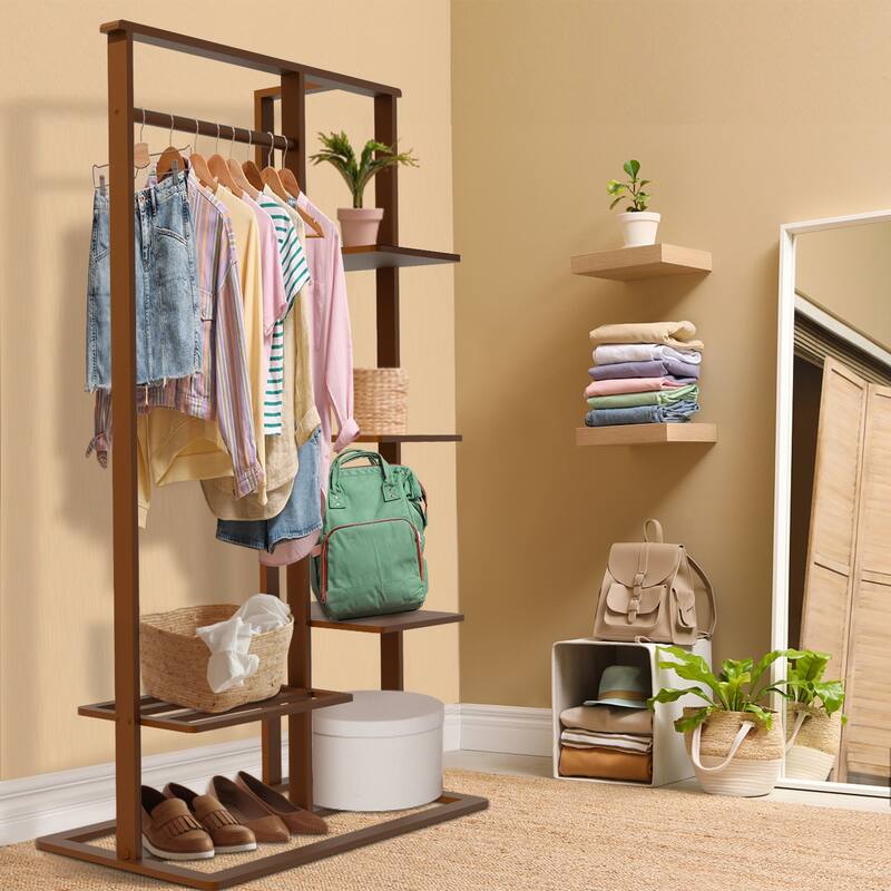 Bamboo Wooden Garment Rack Freestanding Closet Organizers - 39.8x16.1x67.3 inch