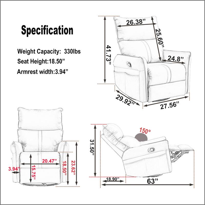 Rocking Swivel Recliner Chair with 360° Rotation and Side Pocket