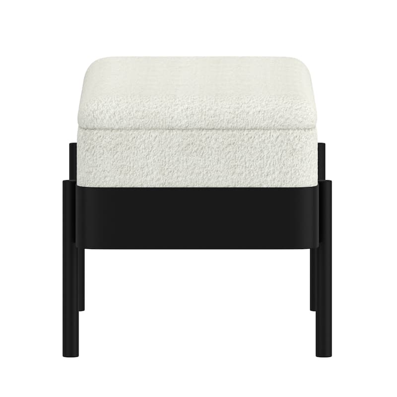 Mid-Century Modern Boucle Fabric & Metal Storage Bench - Ivory & Black