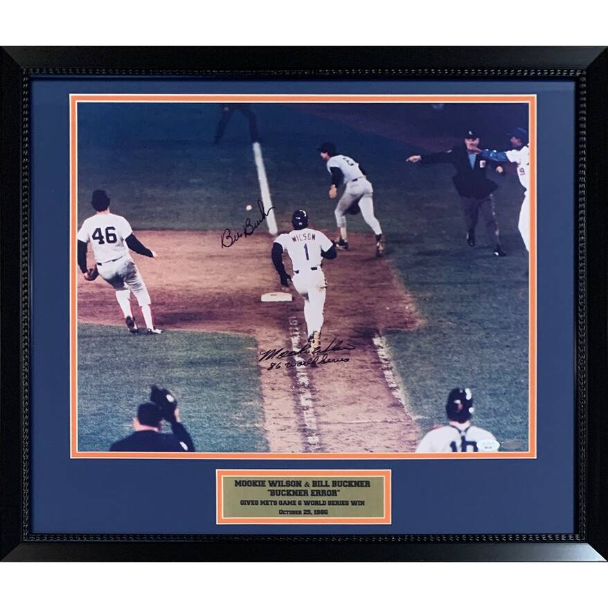 Mookie Wilson & Bill Buckner Autographed New York 1986 World Series Signed Error Play Framed Baseball 16x20 Photo JSA COA