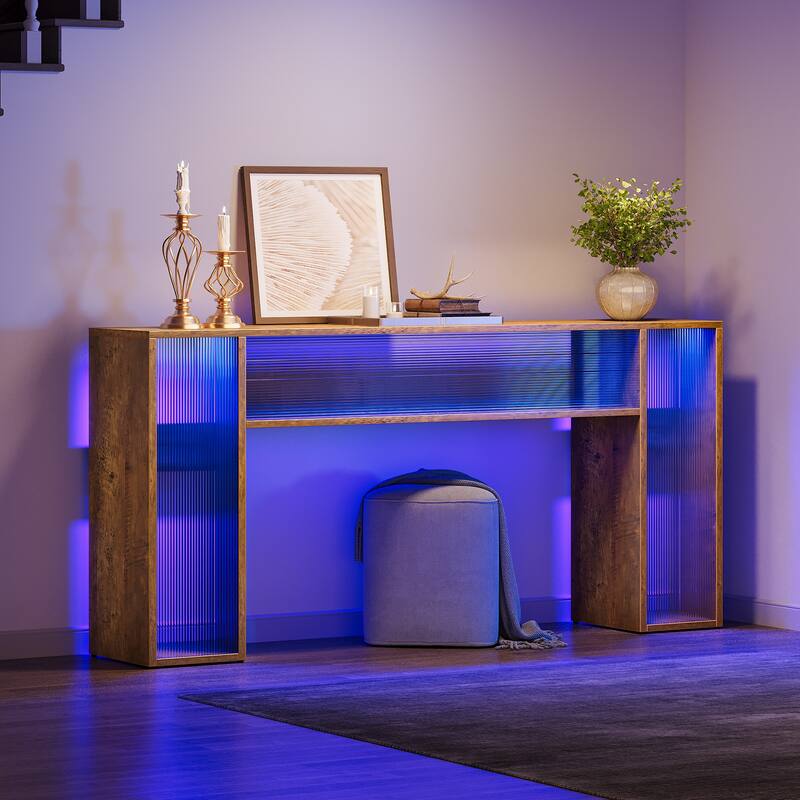 63" Long Farmhouse Wood Console Table with LED Light for Living Room - 62.99" W x 11.81" D x 33.07" H
