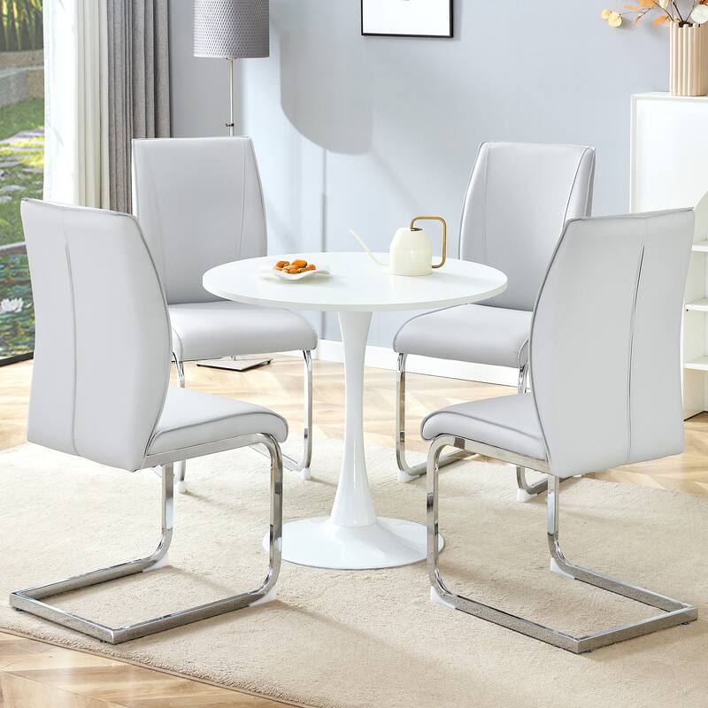 Roomfitters 5pcs Small Round Dining Table Set with PU Upholstered Chairs and Silver Arched Legs, Light Gray - Light Grey