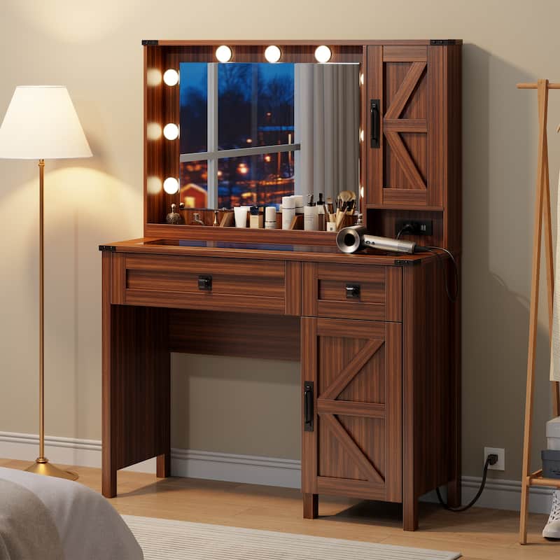 39.3" Farmhouse Makeup Vanity Desk with Mirror and LED Lights, Rustic Vanity Table