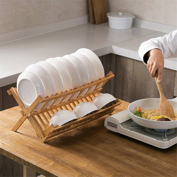 Shop Black Friday Deals On Collapsible Dish Drying Rack Drainer Bamboo Kitchen Folding Dish Rack Plate Holder Natural 18 Slots Overstock 32335837