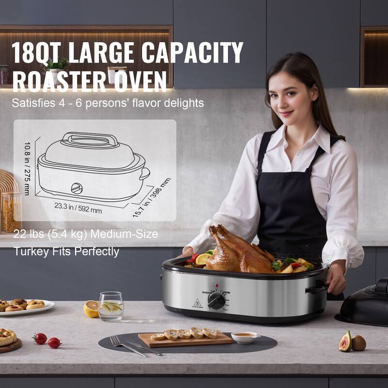 Electric Roaster Oven Adjustable Temperature, Removable Pan & Rack - 18 QT 1450W