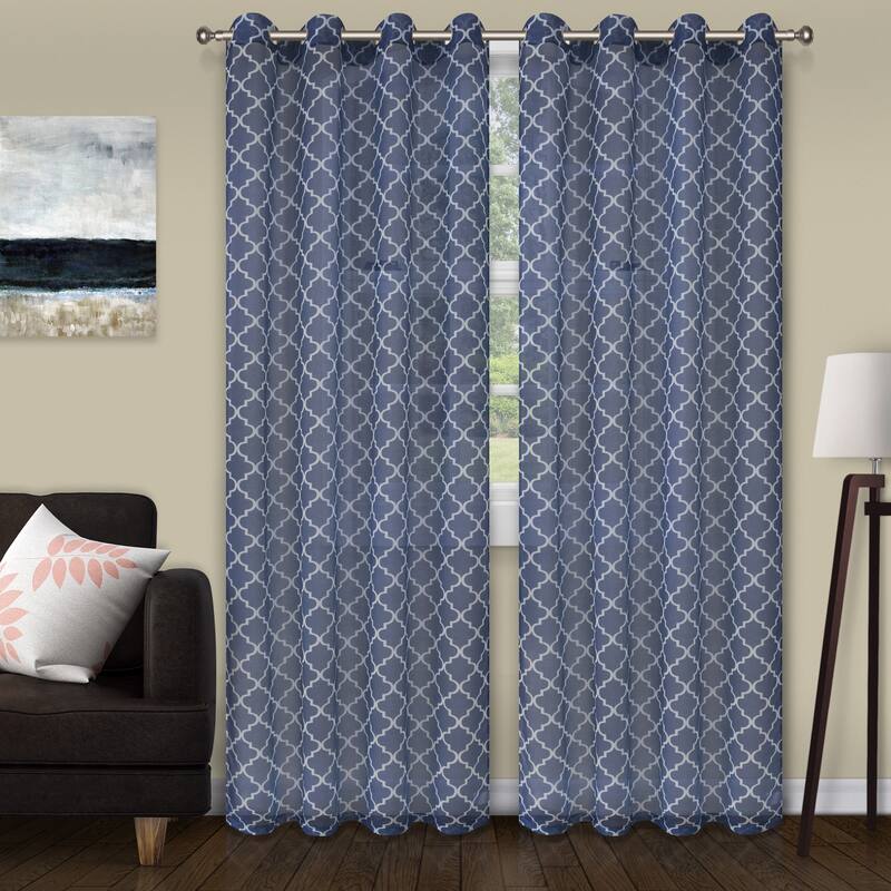 Superior Printed Trellis Sheer Grommet Curtain Panel - (Set of 2) - 52" X 108" - Blue