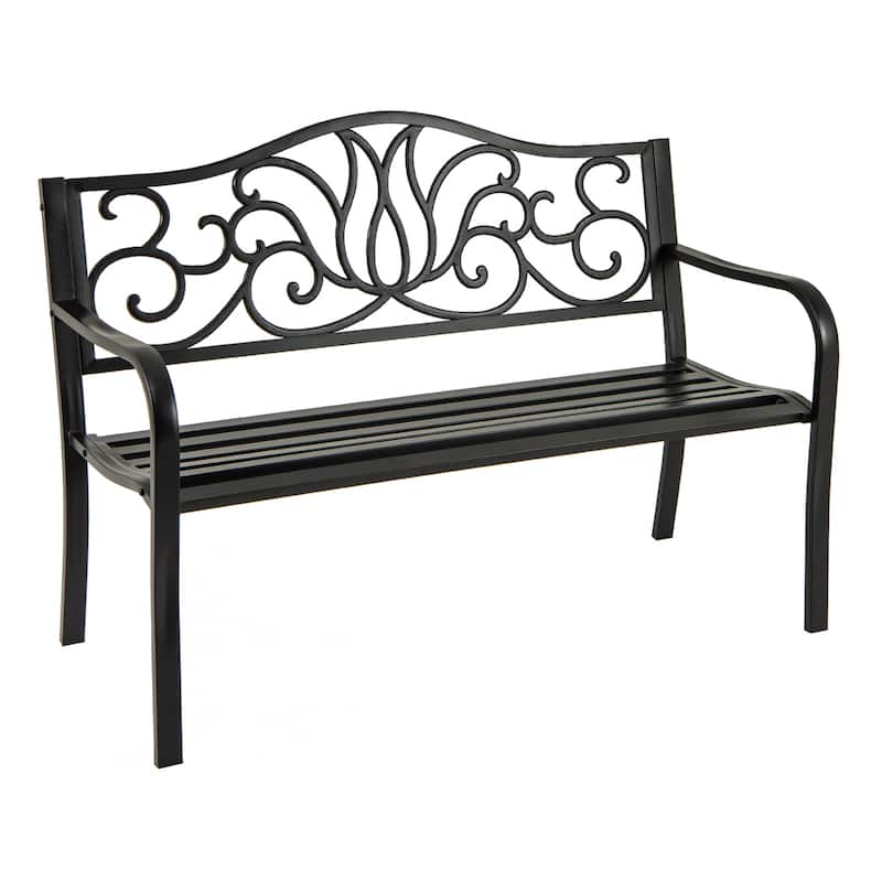 Black Cast Iron Metal Garden Bench with Floral Backrest and Ergonomic Design - 50" L x 24" W x 35" H