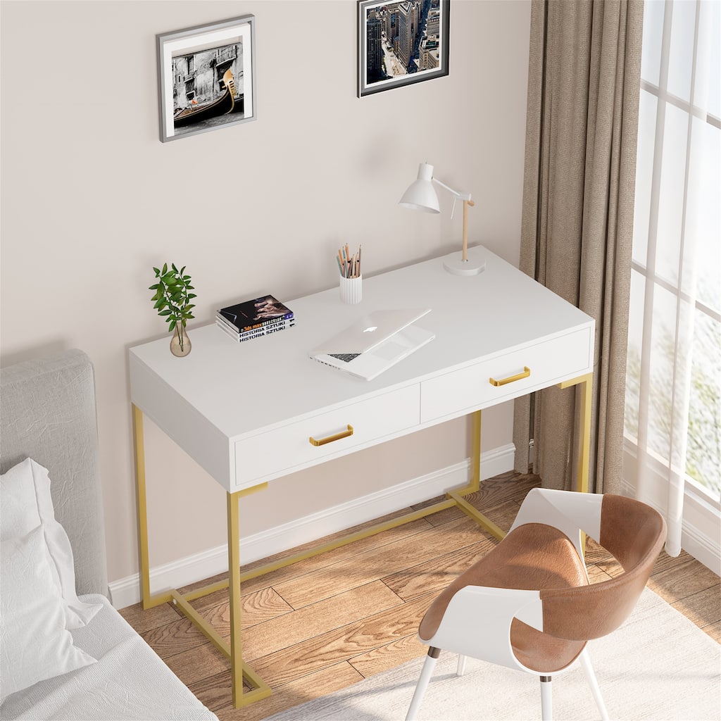Computer Desk with 2 Drawers, Modern Study Writing Table with Storage for Home Office