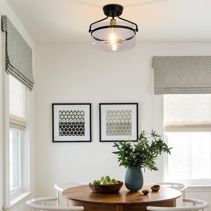 1-Light Dimmable Semi-Flush Mount with Clear Glass Shade for Bedroom Foyer - Black+Gold
