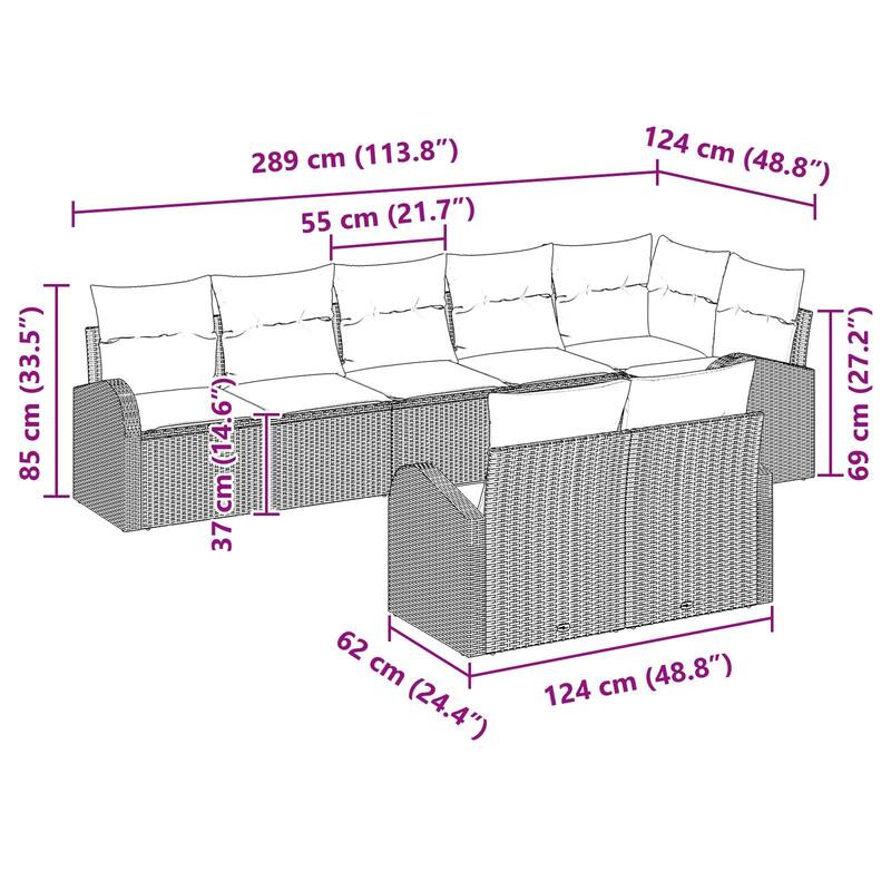 vidaXL 8/9 Garden Sofa Set with Cushions Black/Brown/Grey Poly Rattan - 113.8 x 48.8 x 27.2