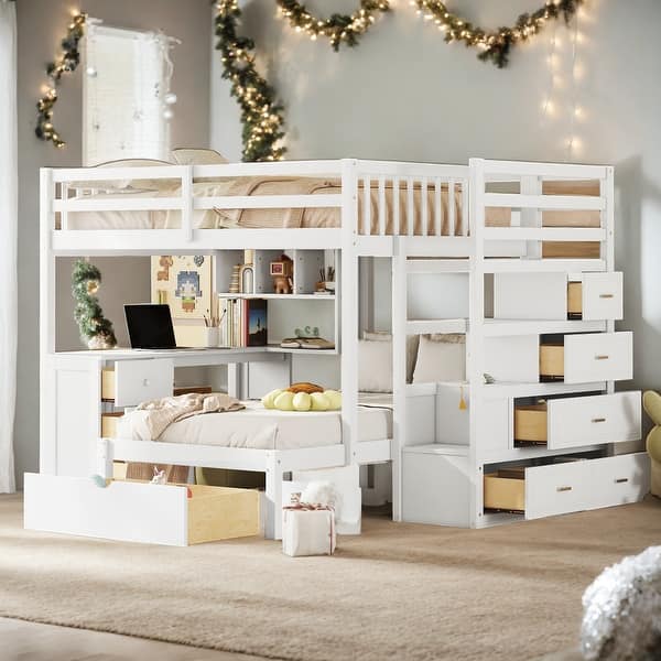 slide 2 of 24, Elegant Twin over Full Bunk Bed with Desk, Drawers and Shelves White