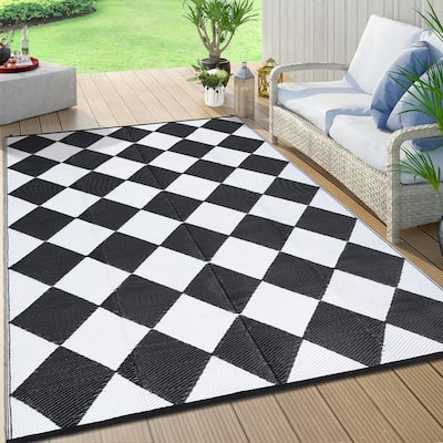 Outdoor Rug Waterproof Reversible Rug Plastic Straw Rug Checkered Floor Mat Outside Carpet for Camping RV Backyard Patio