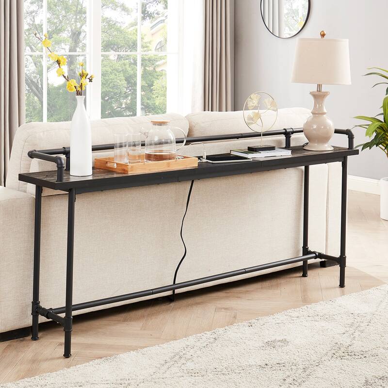 Console Table with 2 Outlet and 2 USB Ports for Living Room and Hallway - 70.9" - Oak Grey