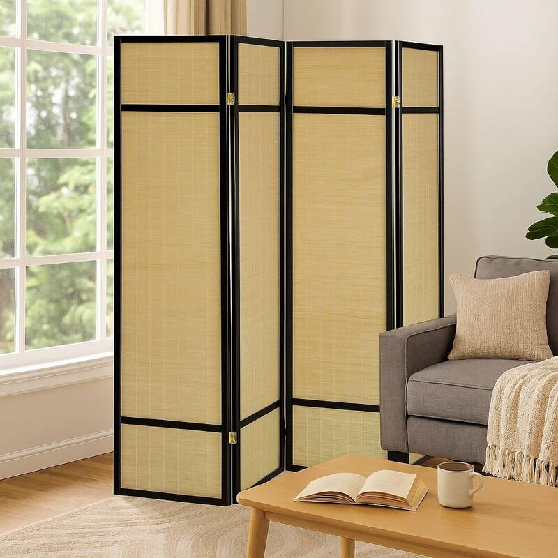 Arce 4 Panel Foldable Privacy Screen, Bamboo, Black Pine Wood Frame