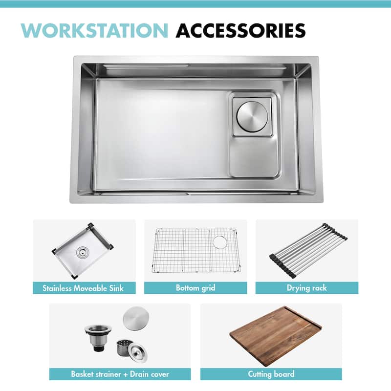 32 Inch Stainless Steel Single Bowl Undermount Double Ledges Workstation Kitchen Sink With Sliding Accessories