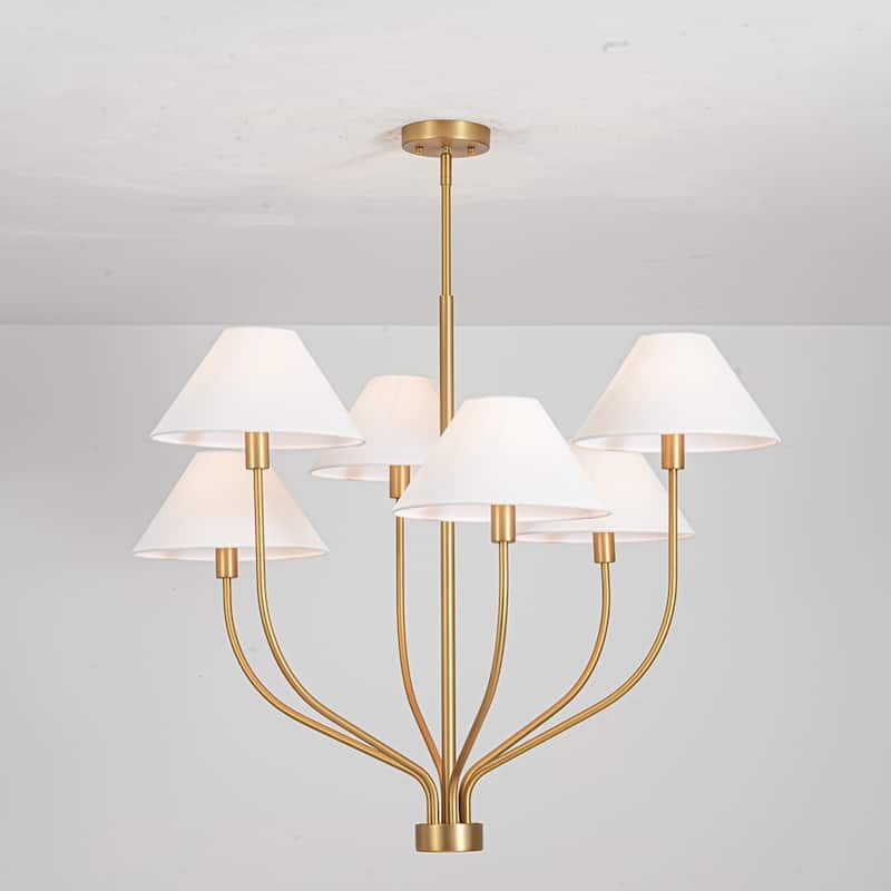 6-Light Modern Gold/Matte Black Sputnik Staggered Large Chandelier with Cone White Fabric Shade - Gold/White
