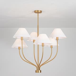 6-Light Modern Gold/Matte Black Sputnik Staggered Large Chandelier with Cone White Fabric Shade