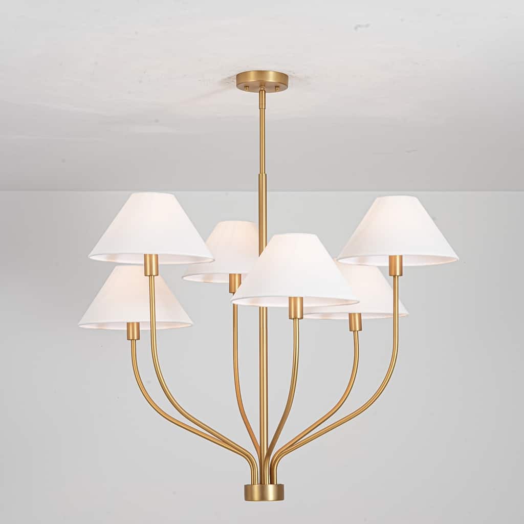 6-Light Modern Gold/Matte Black Sputnik Staggered Large Chandelier with Cone White Fabric Shade
