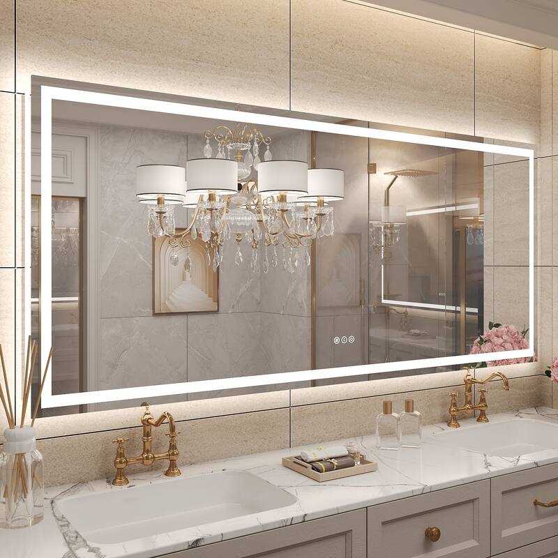 Frameless LED Front Light and Backlit 3 Colors Dimmable Anti-Fog Wall Bathroom Vanity Mirror - 72" x 32"-Square Corner