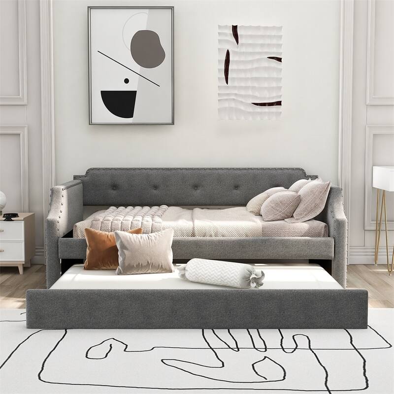 Tufted Upholstered Notched Twin Daybed with Trundle - Grey