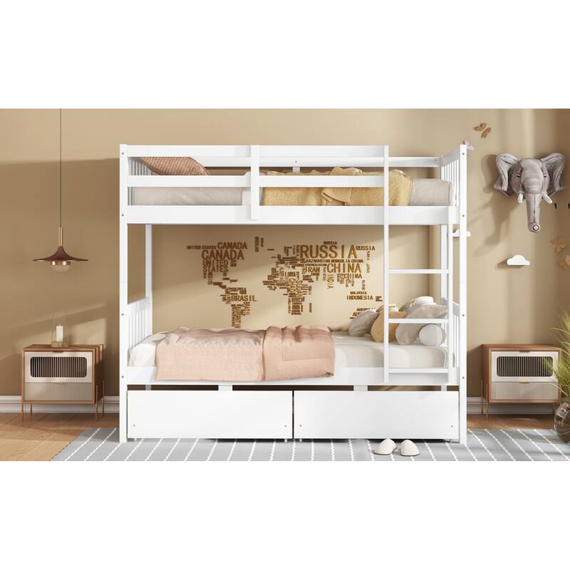 Roomfitters Twin Over Twin Rubber Wood Bunk Bed with Underbed Storage, Convertible to 2 Twin Beds, Ladder & Guardrails