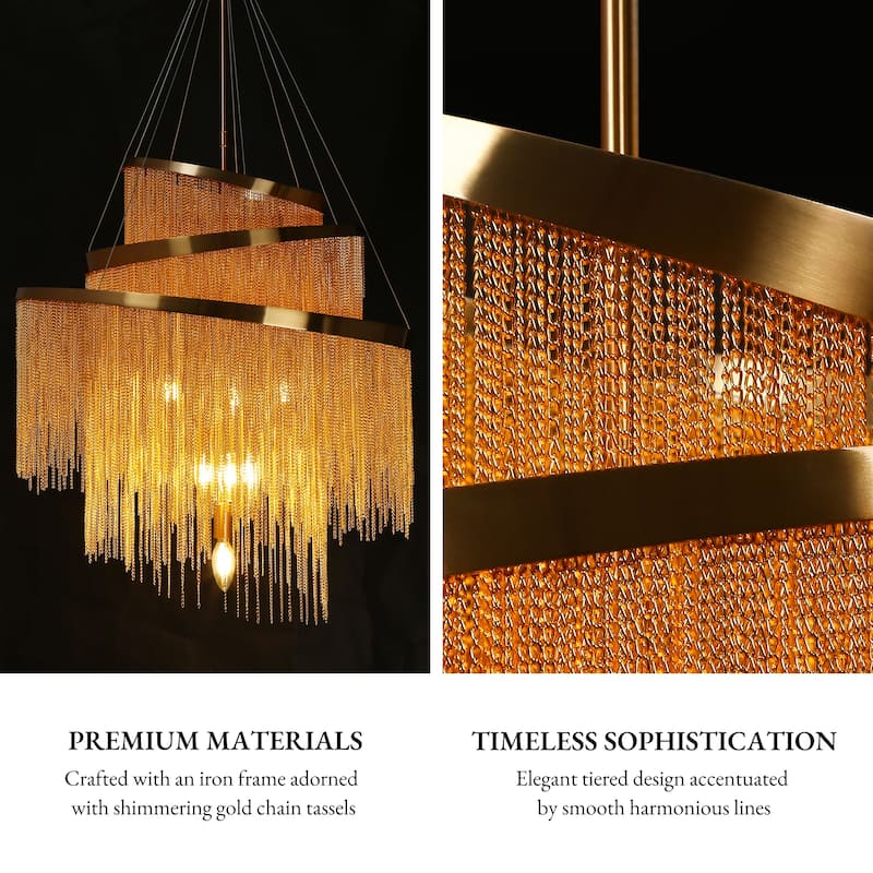 Mid-Century Modern Gold 7-Light Tier Fringe Chandelier