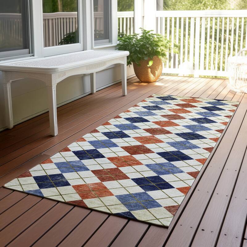 Machine Washable Indoor/ Outdoor Modern Argyle Chantille Rug - Orange - 2'3" x 7'6"