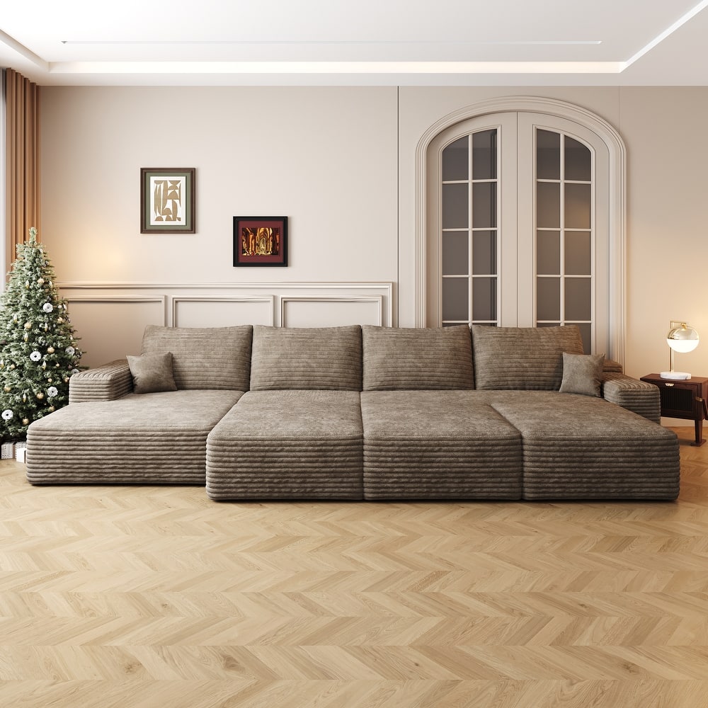 Corduroy Floor Standing Sectional Couch Modular Sleeper Sofa Bed Upholstered Sectional Sofa with Chaise and Ottomans