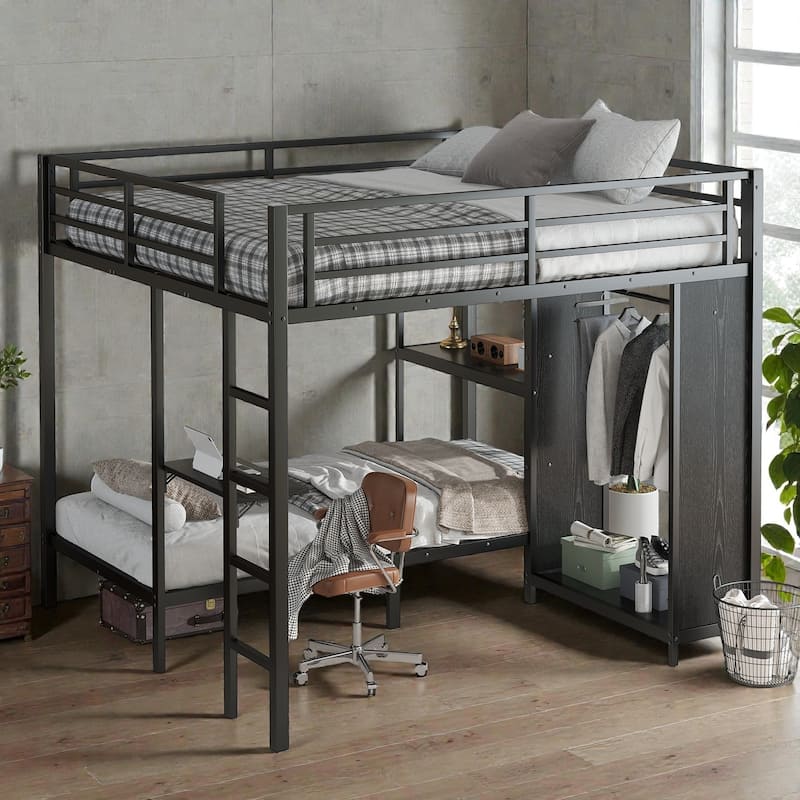 King Over Twin XL Metal Bunk Bed with Wardrobe and Desk, Space Saving Bunk Bed Frame for Small Rooms