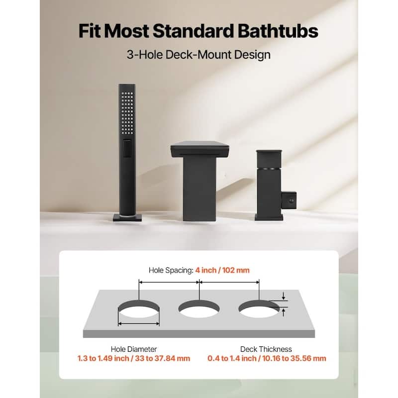 Matte Black 3-Hole Deck Mount Widespread Roman Bathtub Faucet with Waterfall Fill and Handheld Shower - 8.94” x 2.83” x 6.89”