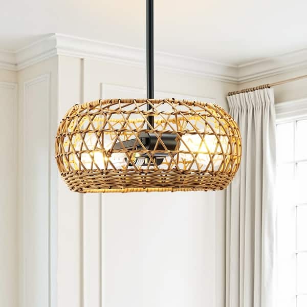 slide 2 of 14, 2-Light Boho Hand Woven Rattan Chandeliers Pendant Light Brown