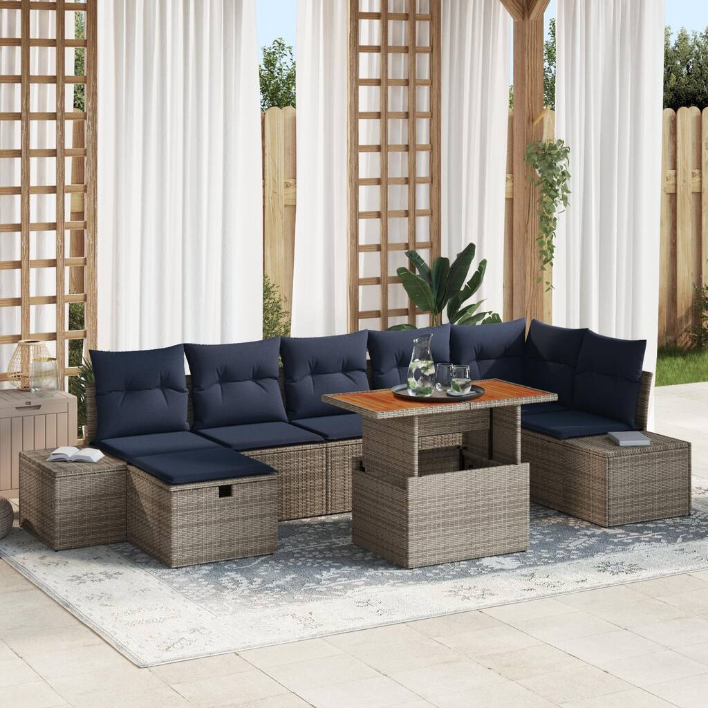 vidaXL 8 Garden Sofa Set with Cushions Black/Grey Poly Rattan - 125.6 x 60.6 x 27.2