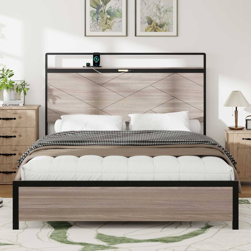 wooden platform bed frame with storage LED light headboard and 2 USB