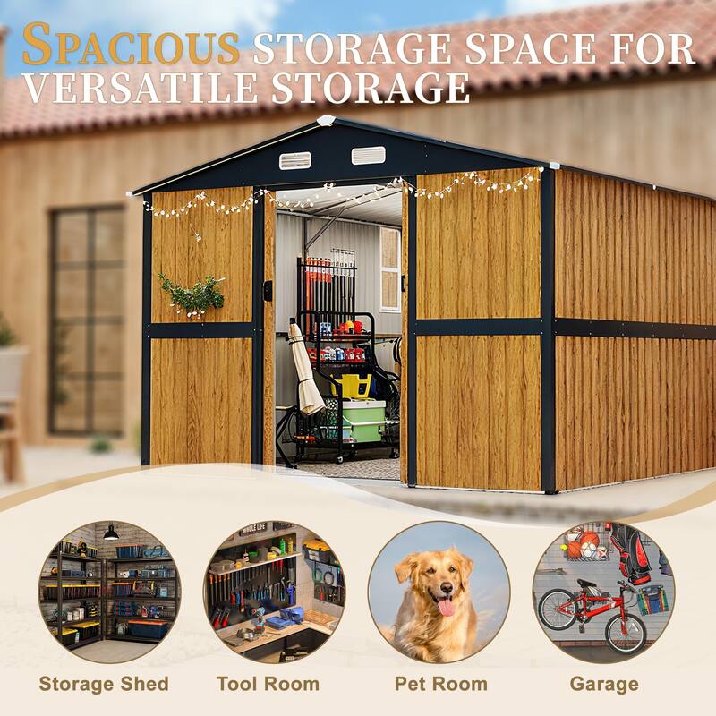 10X12 FT Outdoor Steel Storage Shed with Lockable Doors, 2 Windows, Garden Shed Ideal for Backyard, Patio Storage