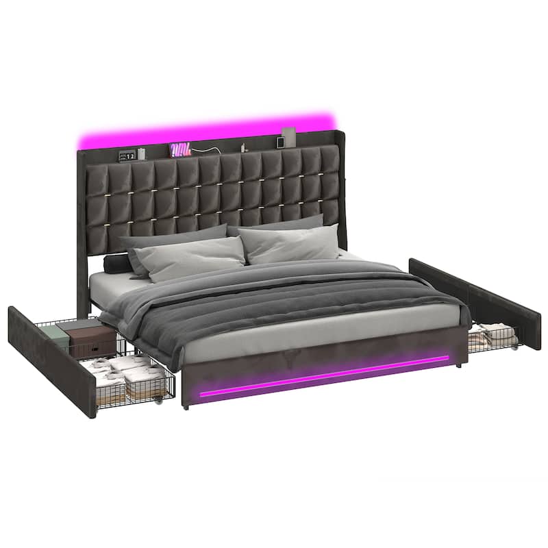 Moasis King Size Velvet Platform Bed with 4 Drawers RGB Lights and Charging Station No Box Spring Needed