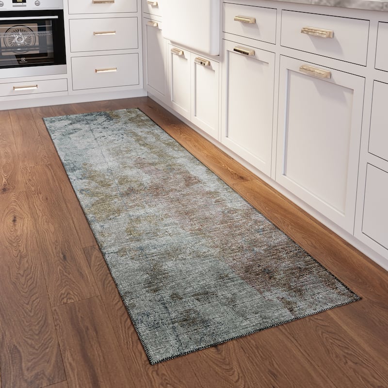 Indoor/ Outdoor Accord Abstract Polyester Washable Rug New - 2'3" x 7'6" Runner - Seafoam and Gold