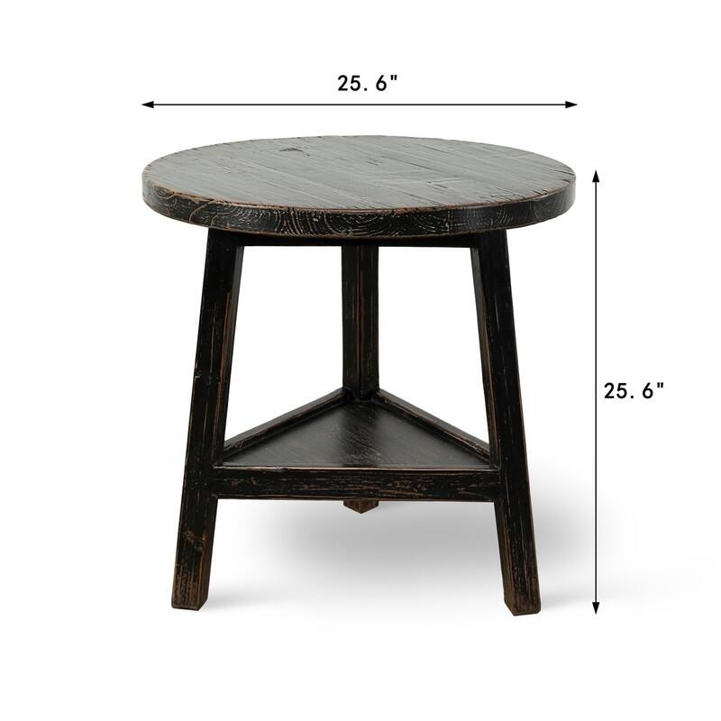 25 Inches Round Side Table with Shelf Distressed Black