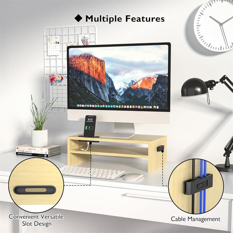 2-Tier White Wood Monitor Stand