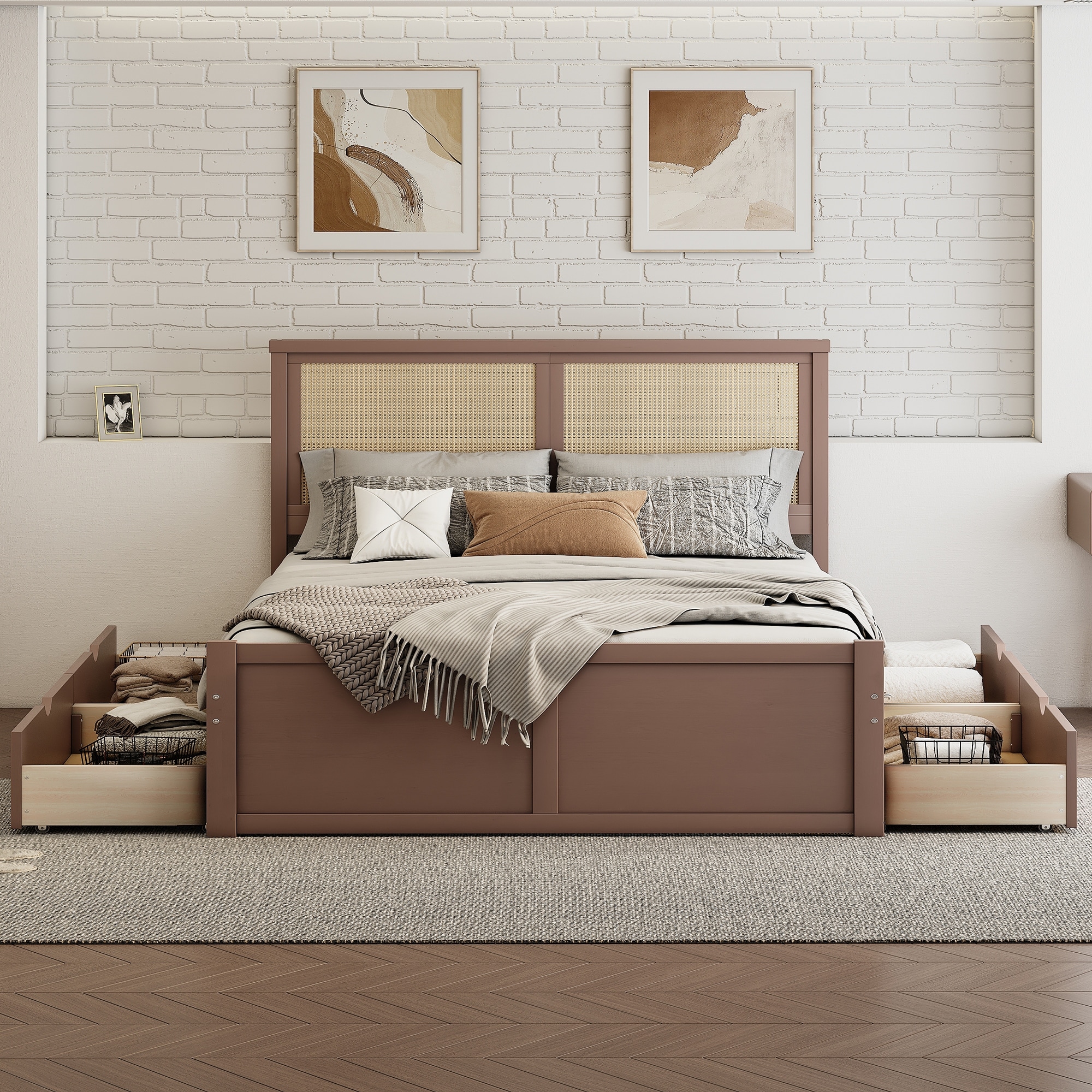 Espresso Wood Full Platform Bed with Rattan Headboard Drawers Sleek Functional Bed Bath Beyond 41404192