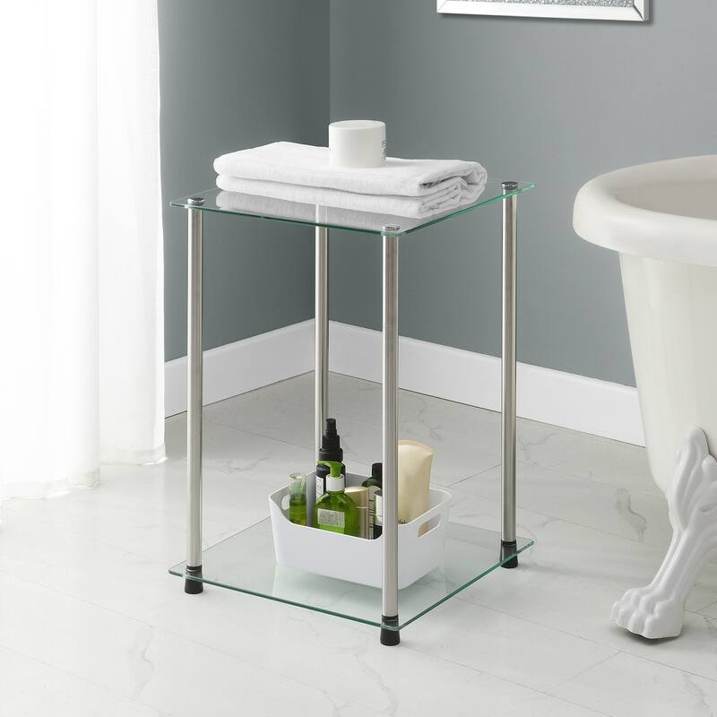 Glass 2 Tier Square End Table, Modern Accent Side Table with Tempered Glass Shelves and Stainless Steel Frame - 15.75