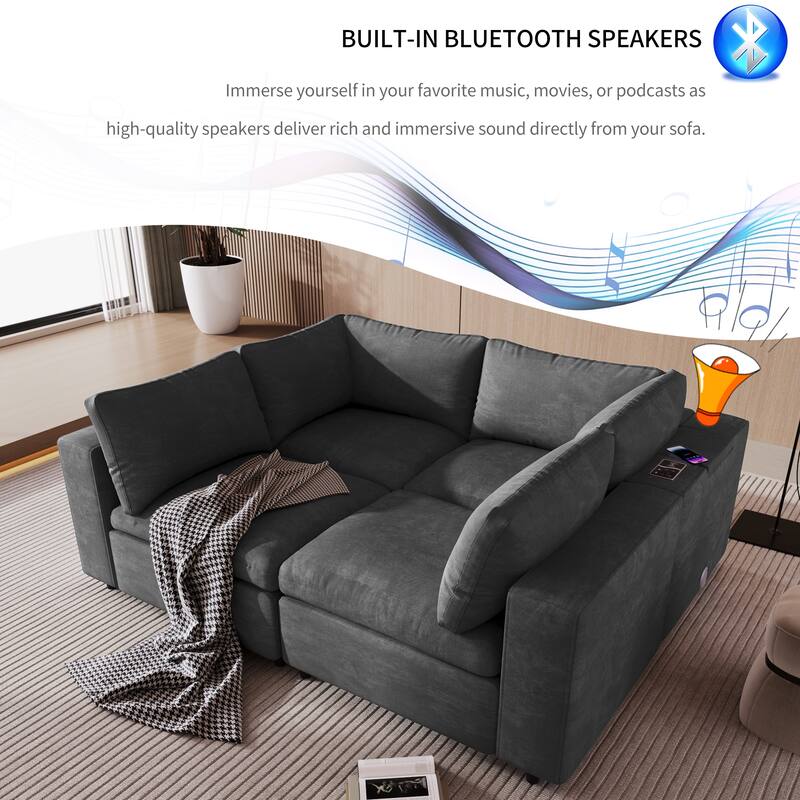 133.9" Polyester Modular Sectional Sofa U-Shaped 4-Seat with Wireless Charging, Bluetooth Speakers and USB Ports