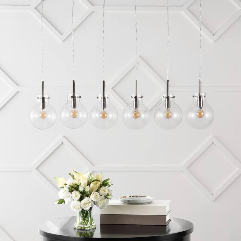 Katia 40.5" 6-Light Modern Contemporary Round Glass/Iron LED Linear Pendant, Nickel/Clear by JONATHAN Y