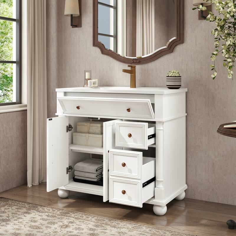 35.6-Inch Mid-Century Bathroom Vanity Sink with Roman Column Base, Farmhouse Freestanding Vanity Cabinet